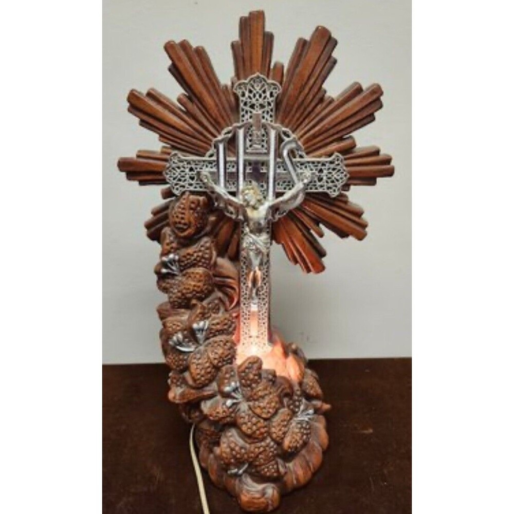 Crucifix Jesus  Light Up Painted ceramic statue 10.75 x 19" 1978